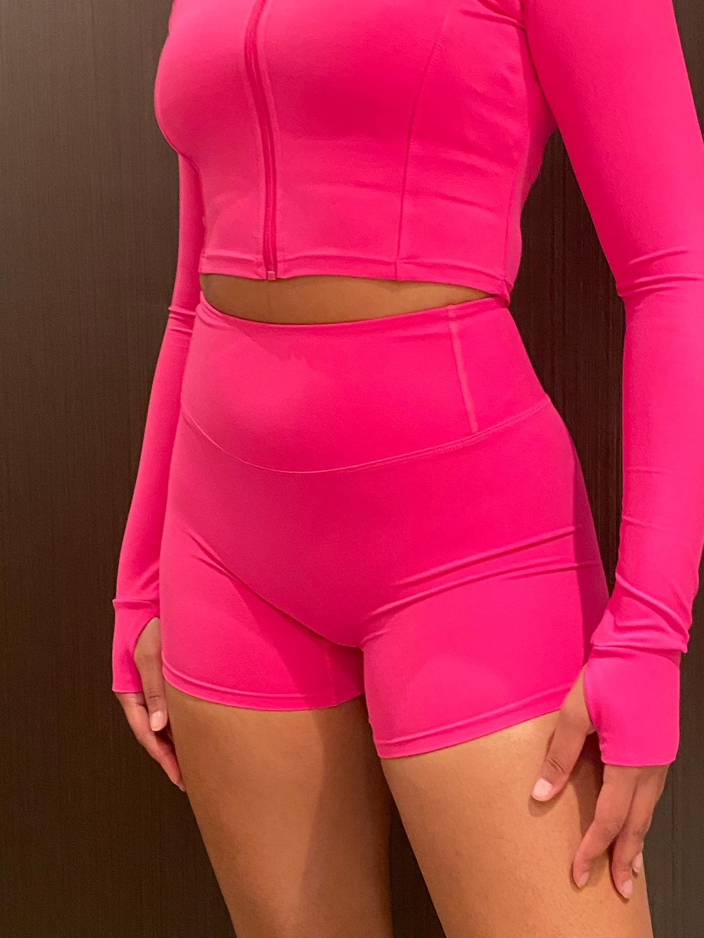 Pink Mesh Biker Shorts & One Shoulder Lace-Up Crop Top Set - Pink / S