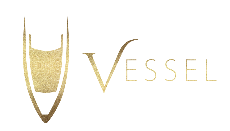 workout website for womens clothing matching set.  this is a glittery gold logo.  the V in vessel symbolizes a ship